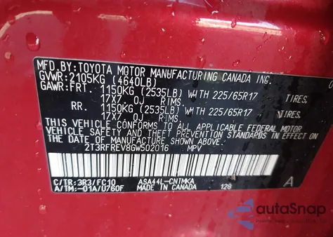 2016 Toyota Rav4 Xle z USA, uszkodzony, nr VIN 2T3RFREV8GW502016